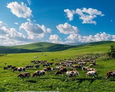 爱威奶牧场来源地全景，绿草如茵牛群悠然，远山背景蓝天白云，展示优质原料产地